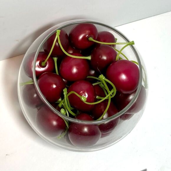 BOWL of CHERRIES Green Stems Glass Bowl Centerpiece Fruit Decor  Rim 4.5 in - Picture 9 of 12